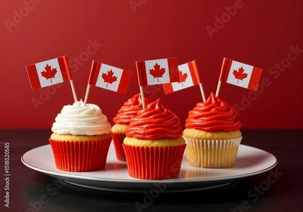 Obraz Festive cupcakes with Canadian flags and red-and-white frosting served on a white plate, celebrating Canada Day on a vibrant red background
