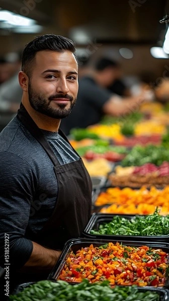 Fototapeta Culinary Expertise: A skilled food preparer, adorned in an apron, stands confidently in a vibrant food setting, framed by an array of colorful and fresh ingredients. 