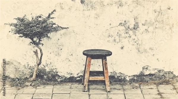 Obraz Minimal scene with a single stool, emphasizing structure, function, and visual silence for contemporary creative use.