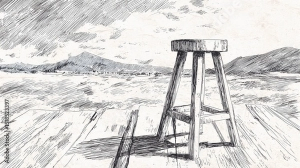 Obraz Minimal scene with a single stool, emphasizing structure, function, and visual silence for contemporary creative use.