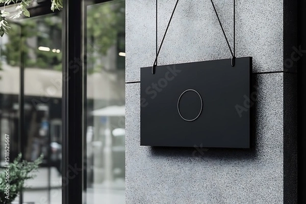 Fototapeta 3D rendering of a black signboard hanging on a wooden wall