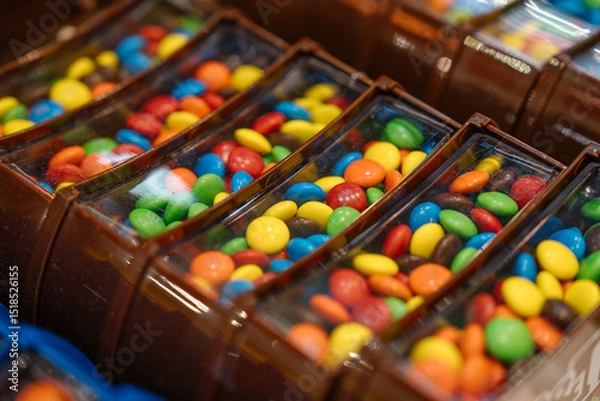 Obraz A close-up of brown plastic dispensers filled with colorful chocolate candies in a store. Bright colors stand out inside compartments.