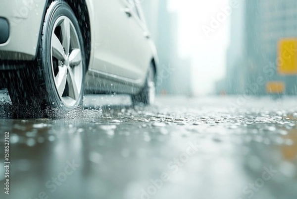 Obraz Car Driving on Wet Road in Rain