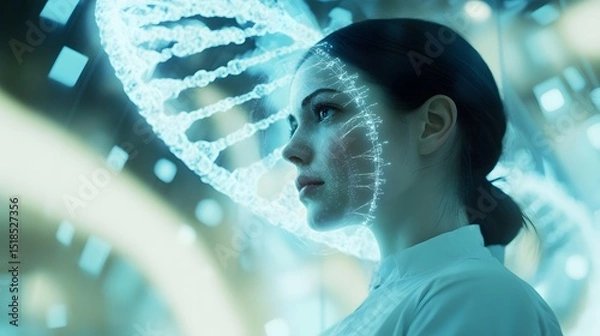 Obraz Genetic Research: A female scientist is thoughtfully observing a DNA double helix, symbolizing the cutting-edge of genetic research and innovation.