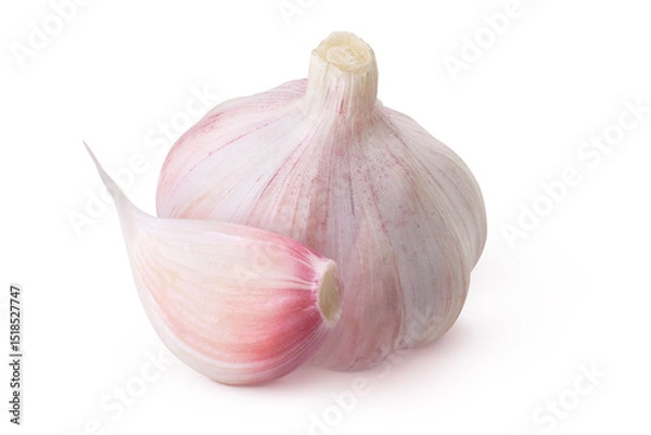 Fototapeta Garlic on isolated white background. Whole garlic and clove. 2 objects.