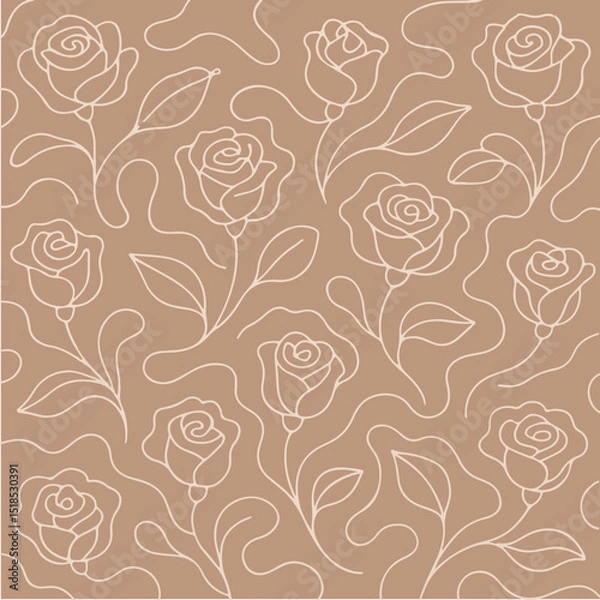 Obraz Warm taupe background with single line rose drawings in soft white, repeated for minimalist composition,Hand-drawn abstract flowers. Seamless pattern with flowers Repetition of a floral vector pattern