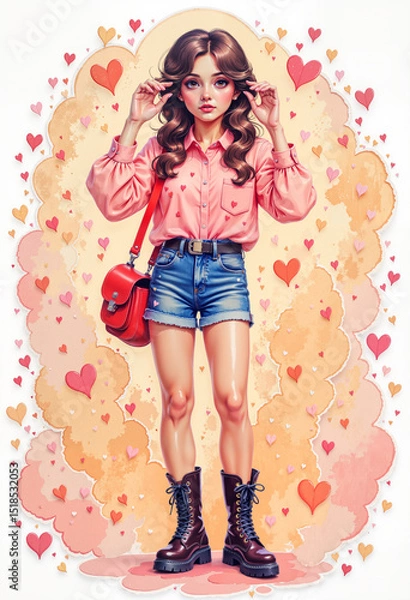 Obraz Young girl posing with red handbag in casual outfit surrounded by hearts  