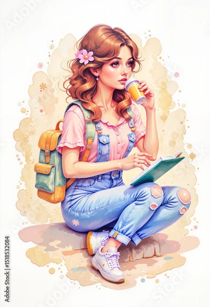 Obraz Young woman sitting on the ground while writing in a notebook  