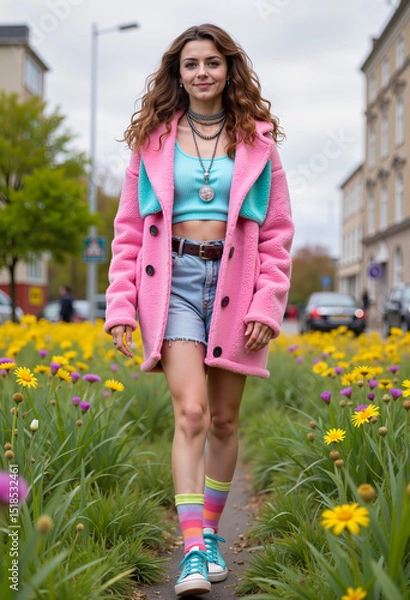 Obraz Young woman walking in colorful flower field on a spring day  