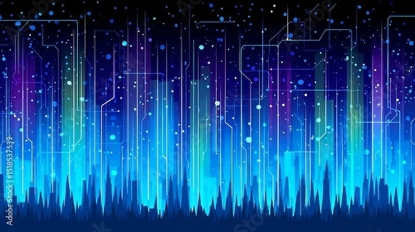 Fototapeta Abstract cityscape with electronic circuits overlay