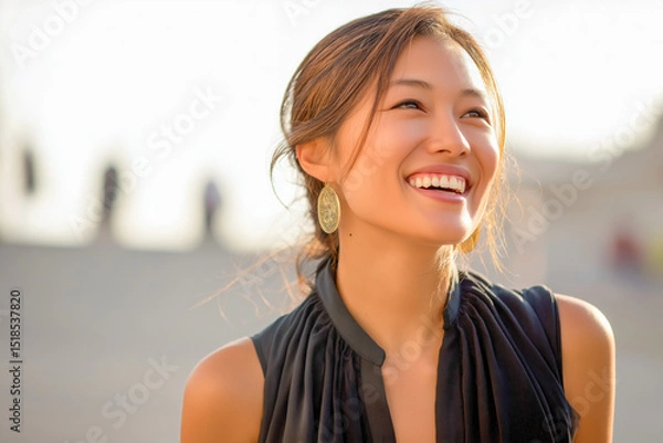 Obraz A woman with a gold earring is smiling and looking at the camera. She is wearing a black dress and she is happy