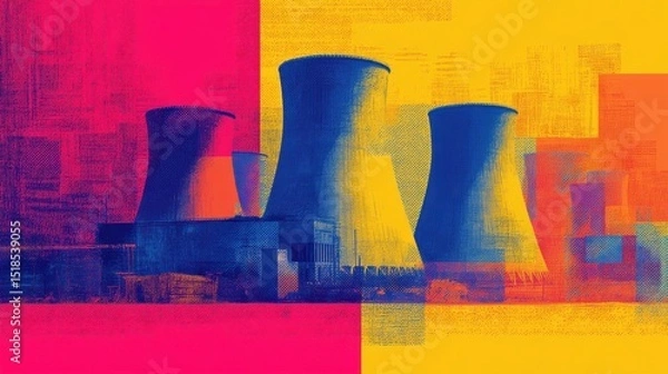 Obraz Vibrant abstract depiction of industrial power plant structures.