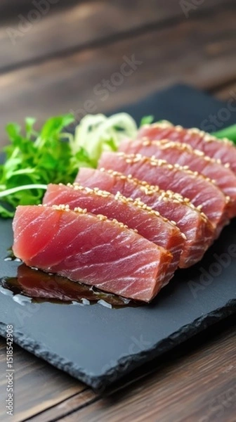 Fototapeta Elegant tuna slices with ruby centers and golden sesame crust, plated with soy reduction and scallions in a minimalist upscale sushi bar style.