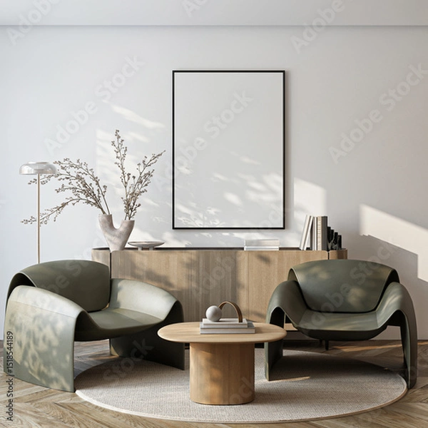 Fototapeta Frame mockup, ISO A paper size. Living room wall poster mockup. Interior mockup with house background. Modern interior design. 3D render

