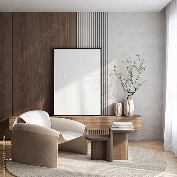Fototapeta Frame mockup, ISO A paper size. Living room wall poster mockup. Interior mockup with house background. Modern interior design. 3D render
