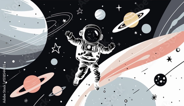 Obraz Monochrome simple linework with space elements. Minimalist flat illustration of outer space with an astronaut in doodle style.