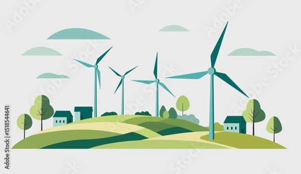Obraz Illustration of wind turbines integrated into a rural  landscape. Powerful windmill. Eco illustration in a flat style