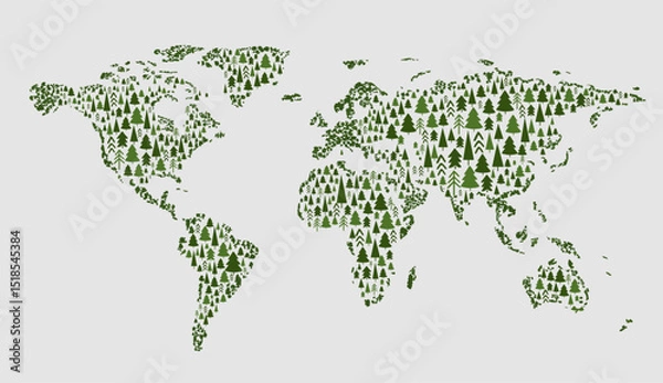 Obraz A minimalist illustration of a world map formed from trees. Green pine trees arranged in the shape of continents.