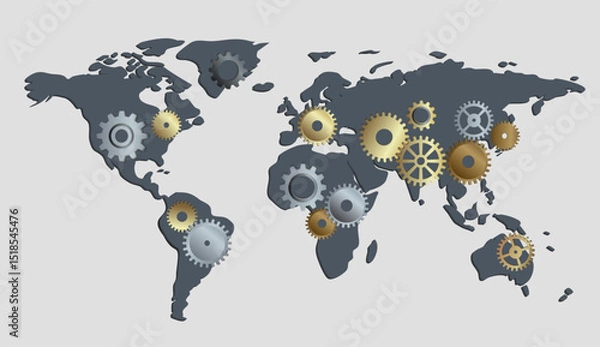 Fototapeta A minimalist world map composed of small mechanical gears of different sizes. Modern flat style