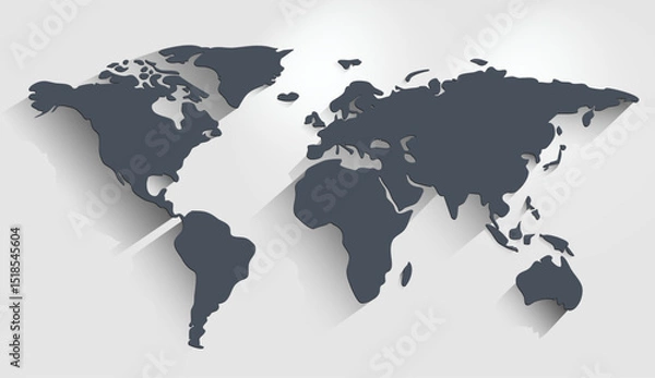 Fototapeta A clean vector of the world map silhouette in solid dark gray with a soft drop shadow behind it. Simple flat design