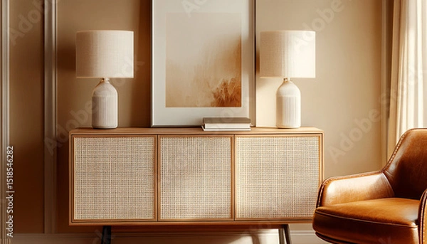 Obraz Sophisticated interior design with a touch of art. An elegant credenza with two classic lampshades and a framed abstract artwork, creating a warm and refined atmosphere. Ideal for decoration, architec