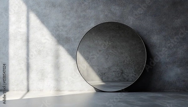 Fototapeta Round mirror on a gray background. 3d rendering, mock up