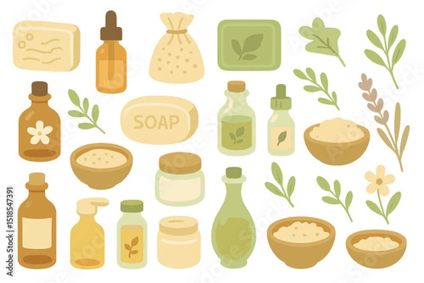 Fototapeta Collection of natural ingredients and products for skincare and wellness displayed on a clean background