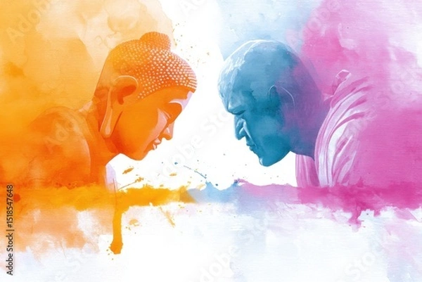 Fototapeta Colorful depiction of Buddha confronting Mara showcasing the timeless struggle between enlightenment and temptation