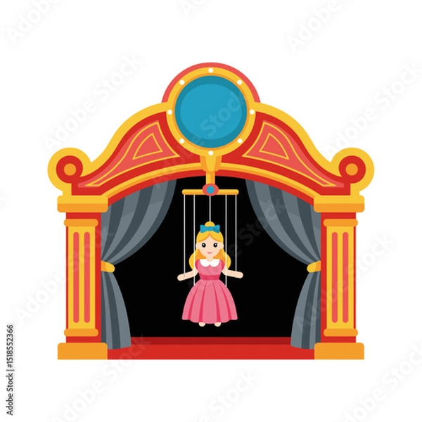 Fototapeta Colorful Puppet Theater Stage Clipart with Red and Yellow Frame, Grey Curtains, and a Blonde Female Marionette
