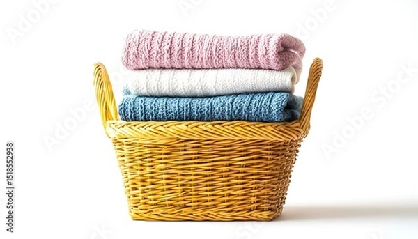 Fototapeta Wicker basket with knitted sweaters isolated on white background.