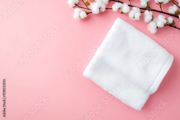 Fototapeta White towels and flowers on pink background. Flat lay, top view