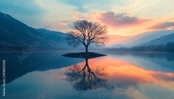 Fototapeta Lonely tree on a lake at sunset. 3d render