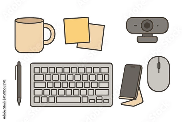 Fototapeta Workstation setup with a mug, keyboard, and technology essentials for remote work