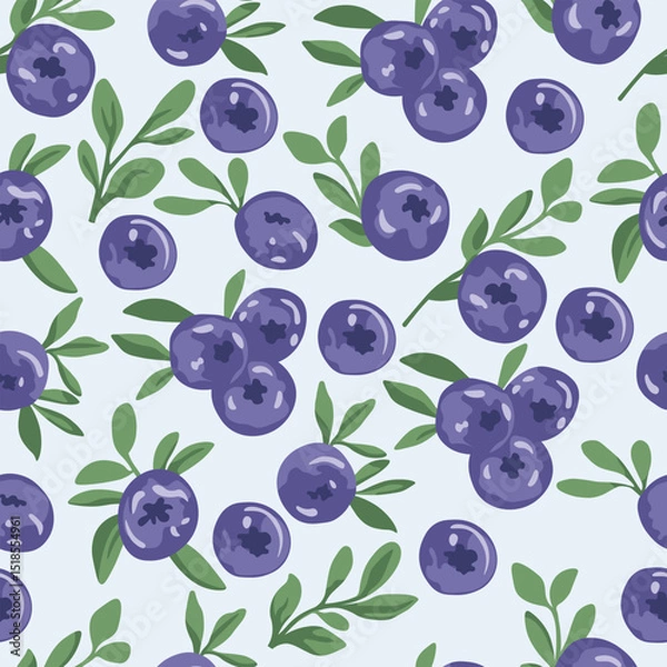 Fototapeta Summer print with blueberries. Vector pattern with blueberries and leaves. Juicy berries. Vector blueberries on a light background. For children, wallpaper, textile.