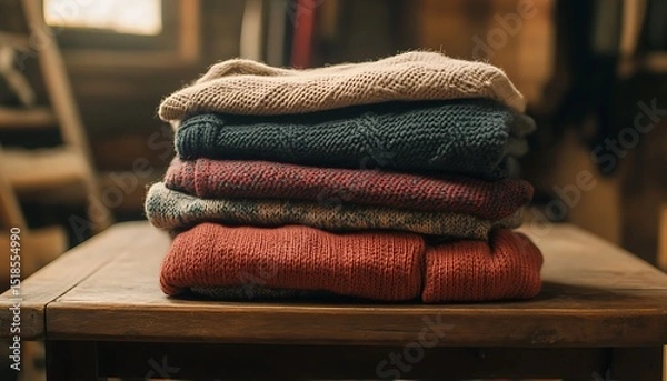 Fototapeta Stack of knitted sweaters on a wooden table in the room