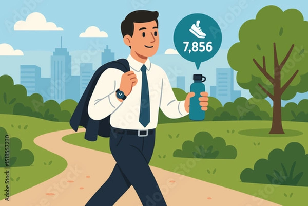 Fototapeta Man walking in a park while tracking steps on a smartwatch and holding a water bottle during a sunny day in the city