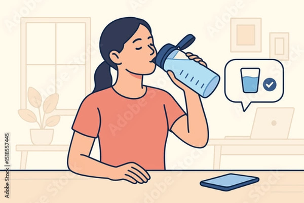 Fototapeta Young person enjoying a refreshing drink while sitting at a desk in a home office on a sunny day