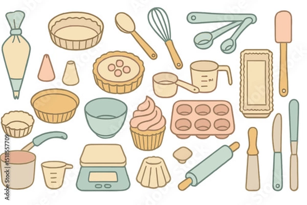 Fototapeta Kitchen baking tools and utensils arranged in a colorful and organized layout for baking enthusiasts