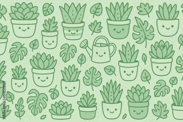 Fototapeta Plant pattern with cheerful pots and watering can set against a soft green background