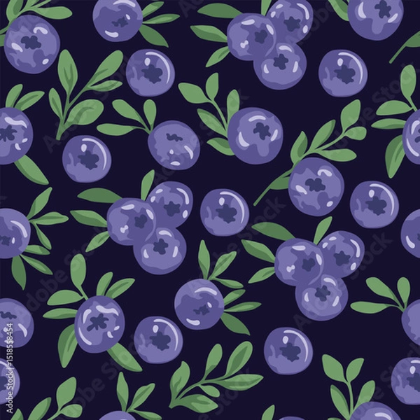 Fototapeta Summer print with blueberries. Vector pattern with blueberries and leaves. Juicy berries. Vector blueberries on a dark background. For children, wallpaper, textile.