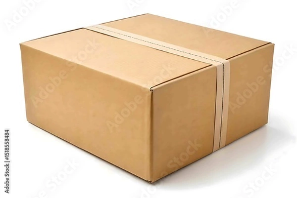 Fototapeta Brown cardboard box with beige tape isolated on white background