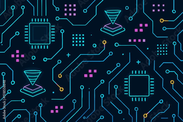 Fototapeta Modern circuitry design with colorful neon elements showcasing technology innovation and digital connectivity