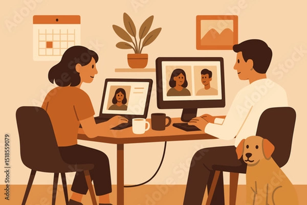 Fototapeta Two people working from home at a shared desk with a dog nearby on a sunny day in a cozy living space