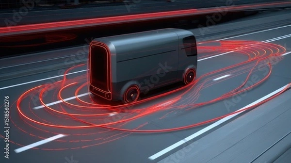 Obraz Futuristic van moving on a highway with sensor data visualization.