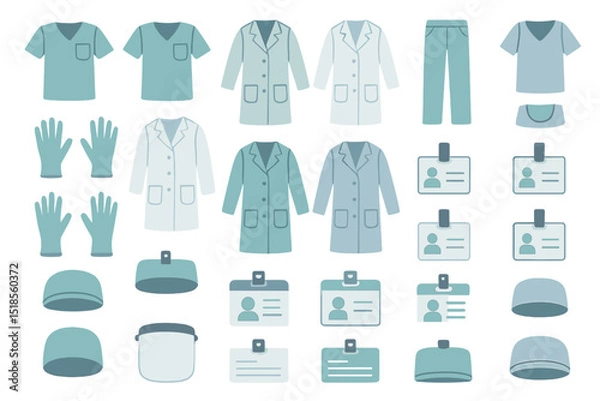 Fototapeta Seamless pattern of medical uniforms, ID badges, and protective gear