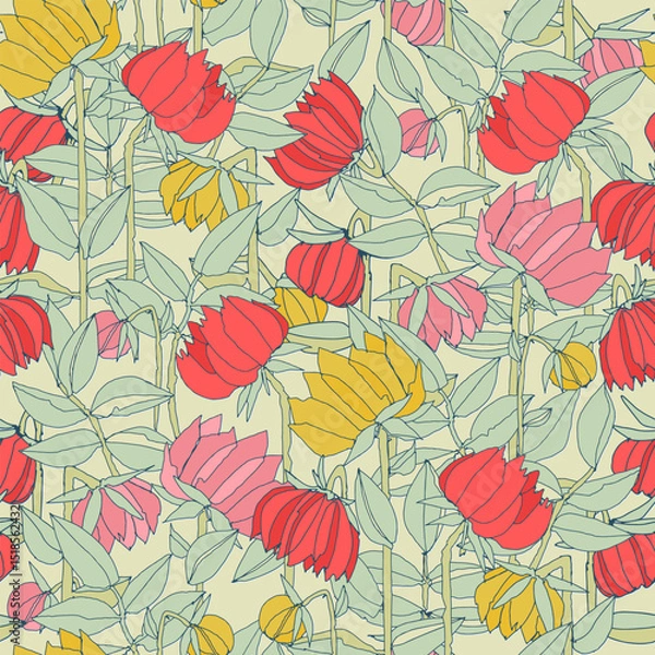 Obraz Seamless pattern with hand drawn meadow bold flowers. Colorful illustrations on blue background for surface design and other design projects