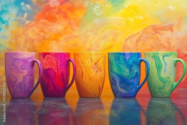 Fototapeta Colorful coffee cups on a wooden table with bokeh background