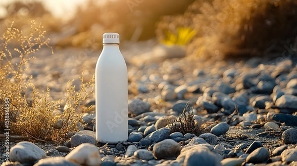 Fototapeta bottle of water on table in front of black brick wall background