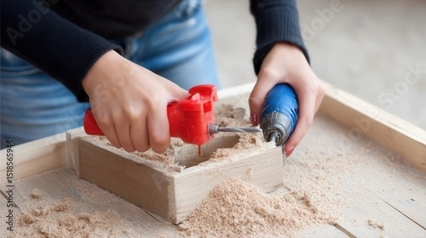Obraz Close-up view of hands working with wood and tools.