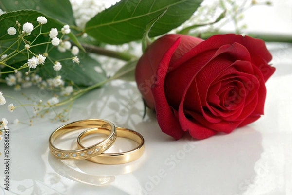 Fototapeta Photo of Two golden wedding rings with a red rose and gypsophila isolated on white background, symbolizing love, marriage, and commitment in a romantic setting